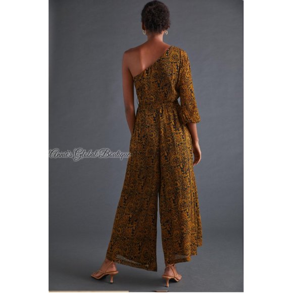 RARE NWT ANTHROPOLOGIE Ollari Paisley Tasseled One-Shoulder Jumpsuit. Size L - Picture 2 of 16